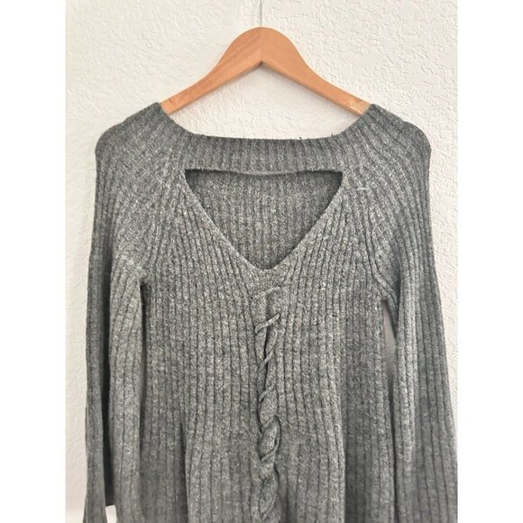 Lauren‎ Conrad Women's Cable Knit Swing Pullover Sweater XS Grey Cut Out Lace Up - Picture 6 of 10